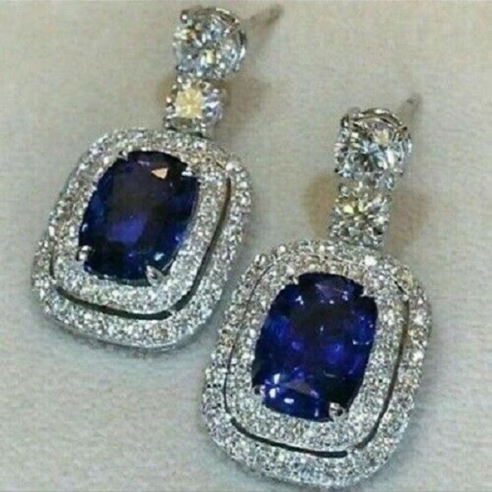 Blue Square Diamond Cocktail Dangle Bling Earnings